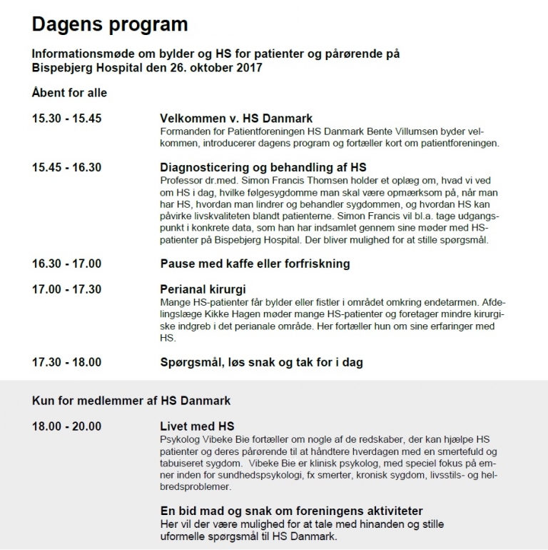 Patientforeningen HS Danmark – Invitation til møde i København 2017